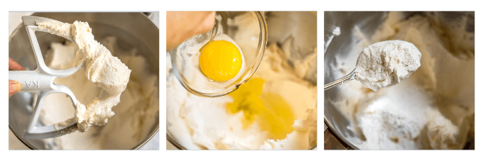 Three Photo Grid of making Butter Cookie Batter including 1. whipping butter and sugar together 2. adding egg to the batter and 3. adding flour to the batter