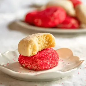 Side view of a white dish holding butter cookie decorated with red sprinkles with a butter cookie decorated with white sugar sitting on top of it with a bite out of it. A plate of cookies sit in the background.