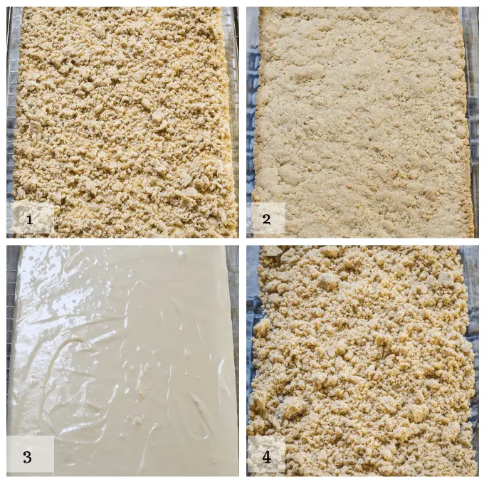 4 picture grid of making cheesecake cookie bars. 1. make cookie layer 2. bake cookie layer 3. top with cheesecake layer 4. top cheesecake with cookie crumble