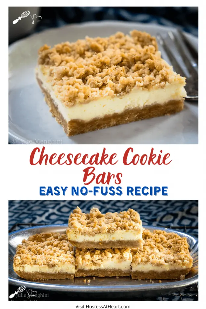 Two photo collage of 3/4 angle of a cheesecake cookie bar sitting on a white plate with a cup of coffee and another bar sitting in the background and a silver tray holding stacked cheesecake cookie bars.