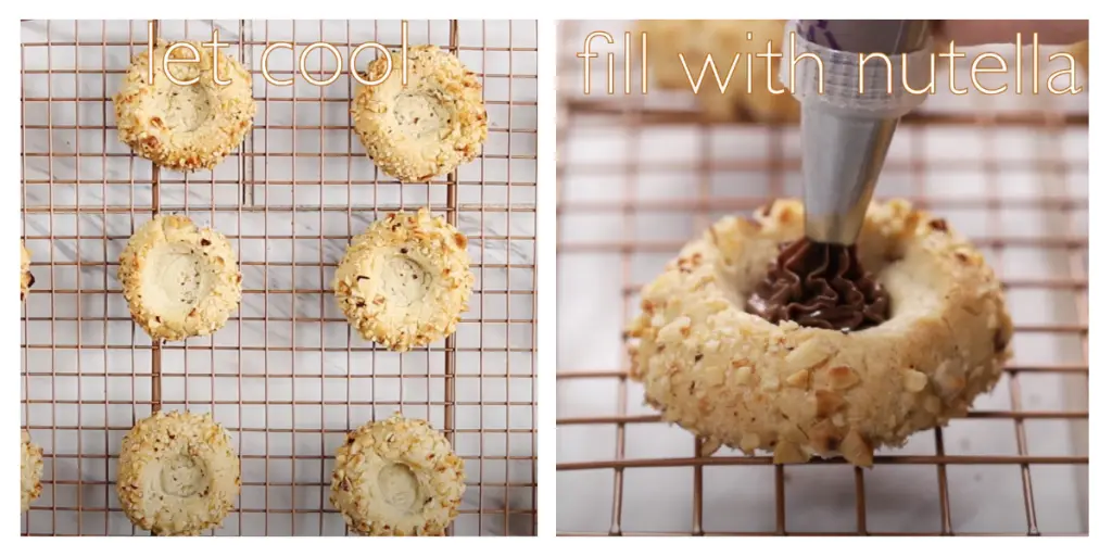 Two photo collage of cooling Hazelnut Thumbprint cookies and of a cookie being filled with Nutella with a piping bag.