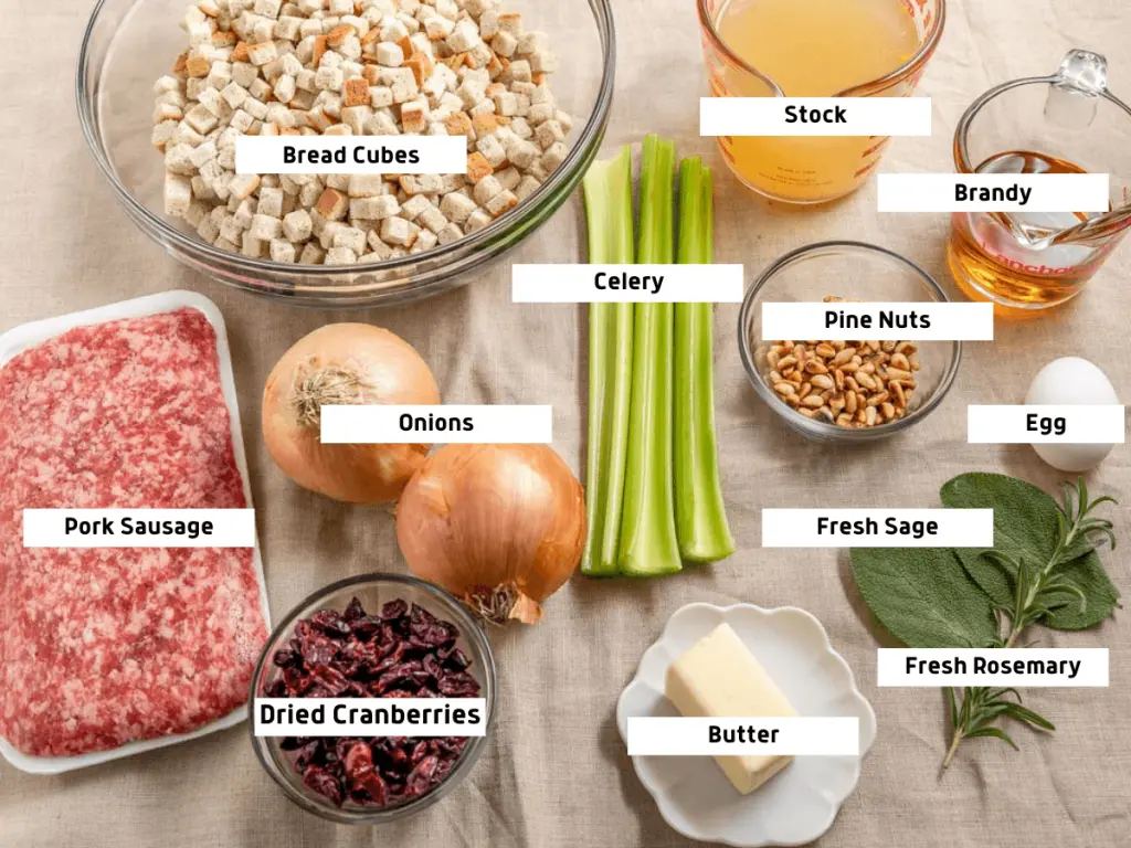 Top down photo of the ingredients used in a turkey roulade recipe including ground pork, onions, dried cranberries, butter, celery, bread cubes, pine nuts, egg, turkey stock, brandy, fresh rosemary and sage.