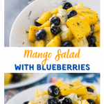 Two photos of a Mango Blueberry Salad on a white plate.