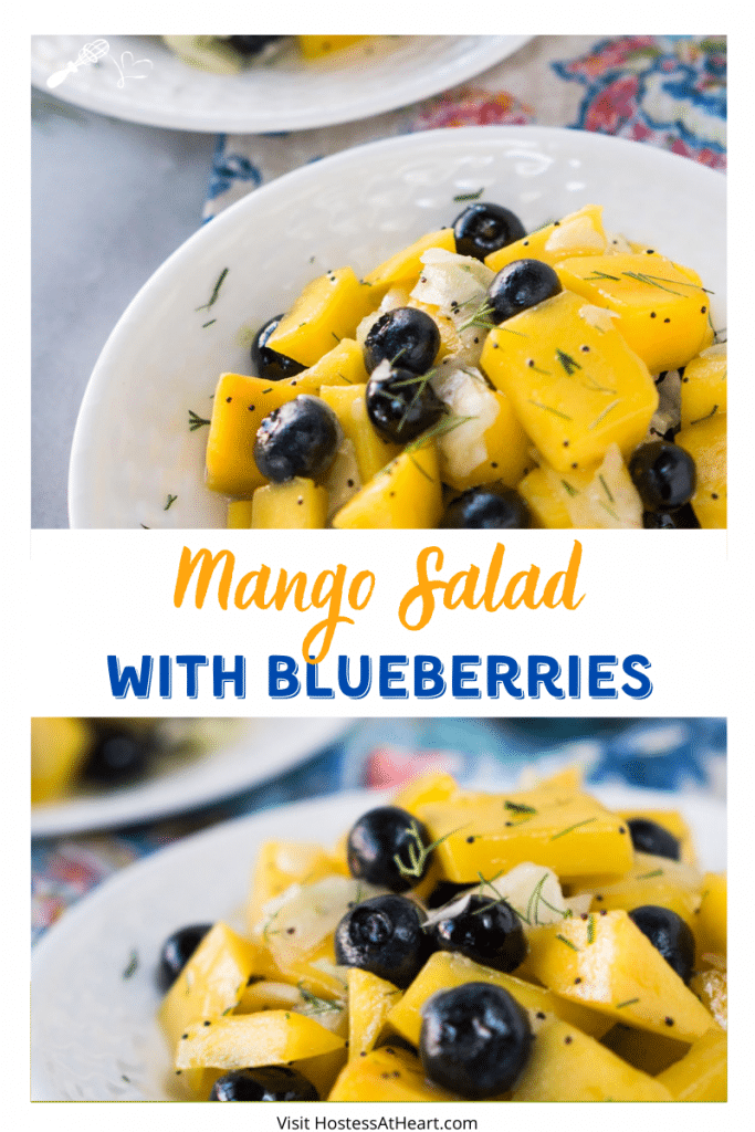 Two photos of a Mango Blueberry Salad on a white plate.