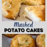 Two photo collage for Pinterest. Top photo is a potato cake that's been cut open showing the soft center. The bottom photo is potato cakes sitting on a gray plate garnished with sliced green onions.