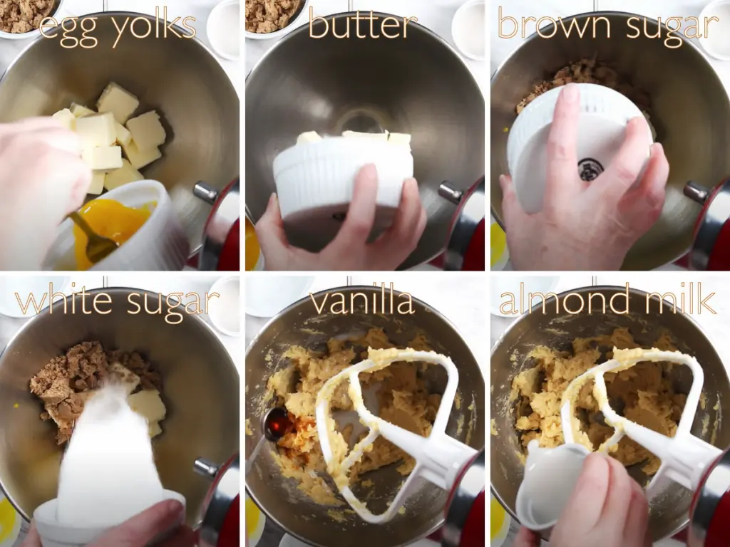 6-photo collage of mixing the wet ingredients including egg yolks, butter, brown sugar, white sugar, vanilla, and almond milk.