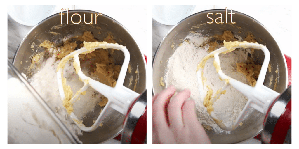 To photo collage of combining flour and salt for Hazelnut Thumbprint cookies.