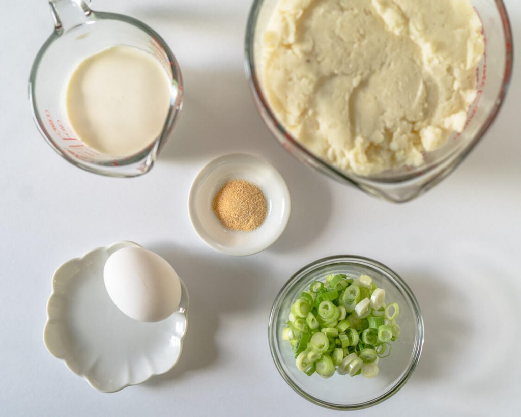 The ingredients used to make potato cakes including mashed potatoes, egg, garlic powder and sliced green onions.