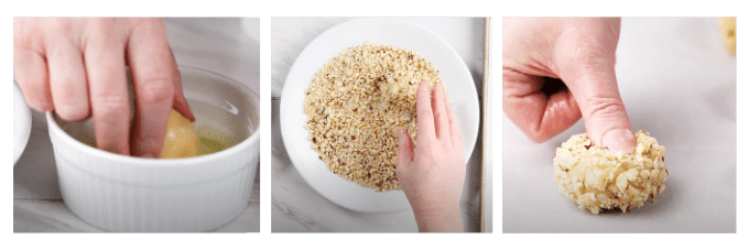 Three photo collage of applying and shaping hazelnuts to a thumbprint cookie.