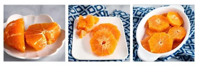 3-photo collage of oranges sliced and diced for a salad sitting on white plates.