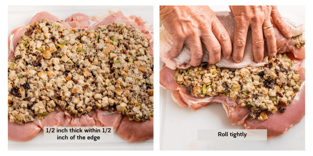 Two photo grid showing how to stuff a turkey roulade with homemade stuffing and rolling it.