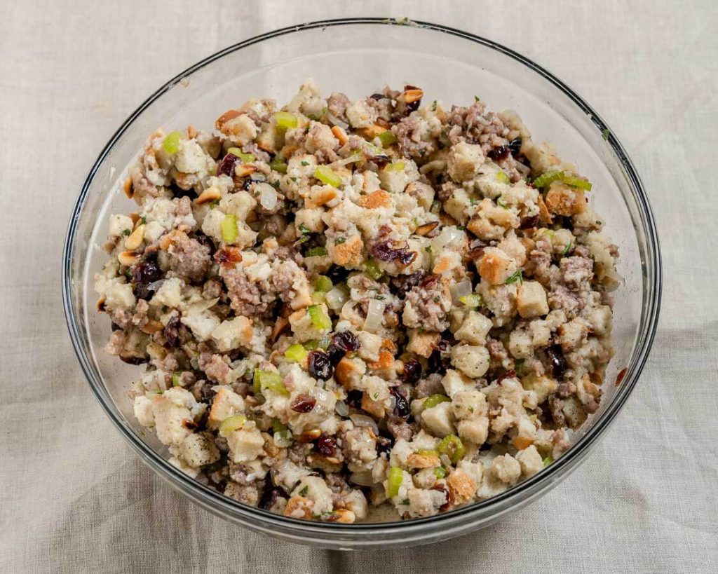 A top down view of a bowl of stuffing.