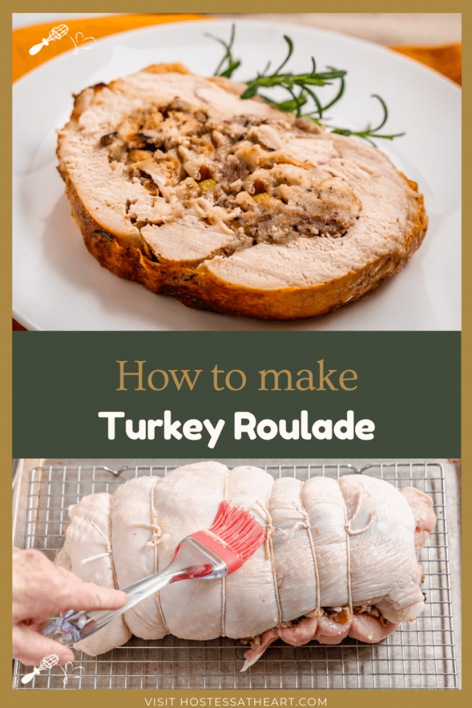 Two photo collage of a 3/4 angled view of a slice of turkey roulade showing a stuffing swirl garnished with rosemary on a white plate. over an uncooked turkey roll being basted with melted butter.