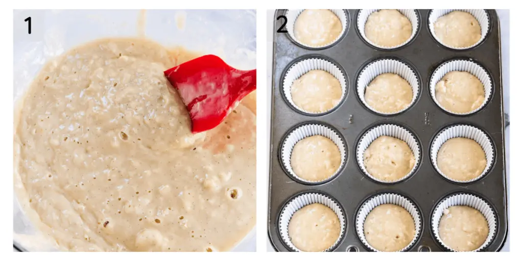 Two photo grid showing the texture of vanilla muffin batter in a bowl and of a muffin tin filled 2/3 full of batter.