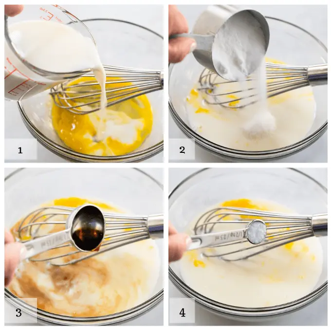 A 4-grid photo showing the steps of mixing vanilla muffin batter. 1 adding milk 2 add sugar 3 add vanilla 4 add salt