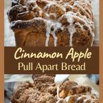 Two photo collage for Pinterest. The top photo is a tableview of a loaf of cinnamon apple bread and the bottom photo is of a drizzle being applied to the top.