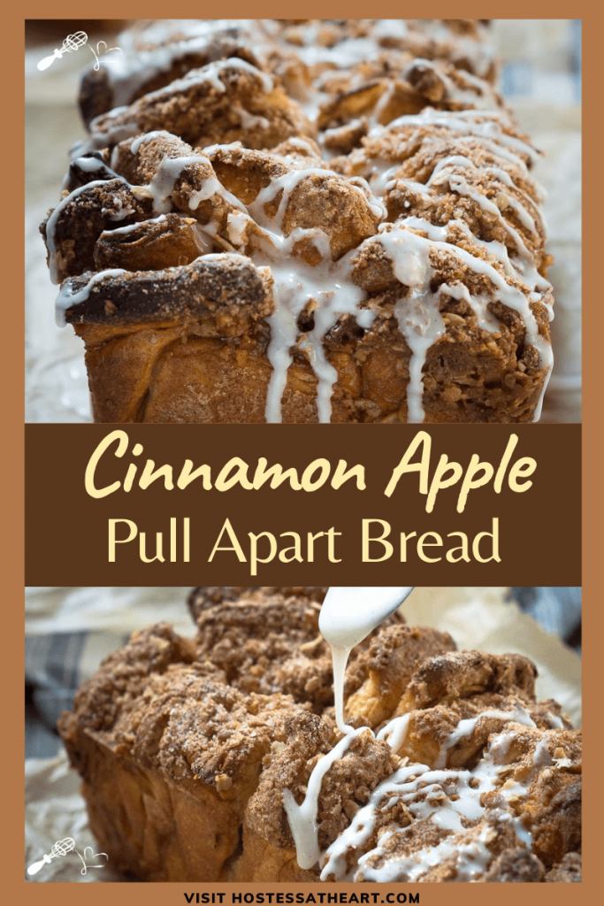 Two photo collage for Pinterest. The top photo is a tableview of a loaf of cinnamon apple bread and the bottom photo is of a drizzle being applied to the top.