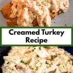 Pinterest image of creamed turkey over toast, an open-faced hot turkey sandwich and a plate filled with the creamy turkey filling. Hostess At Heart