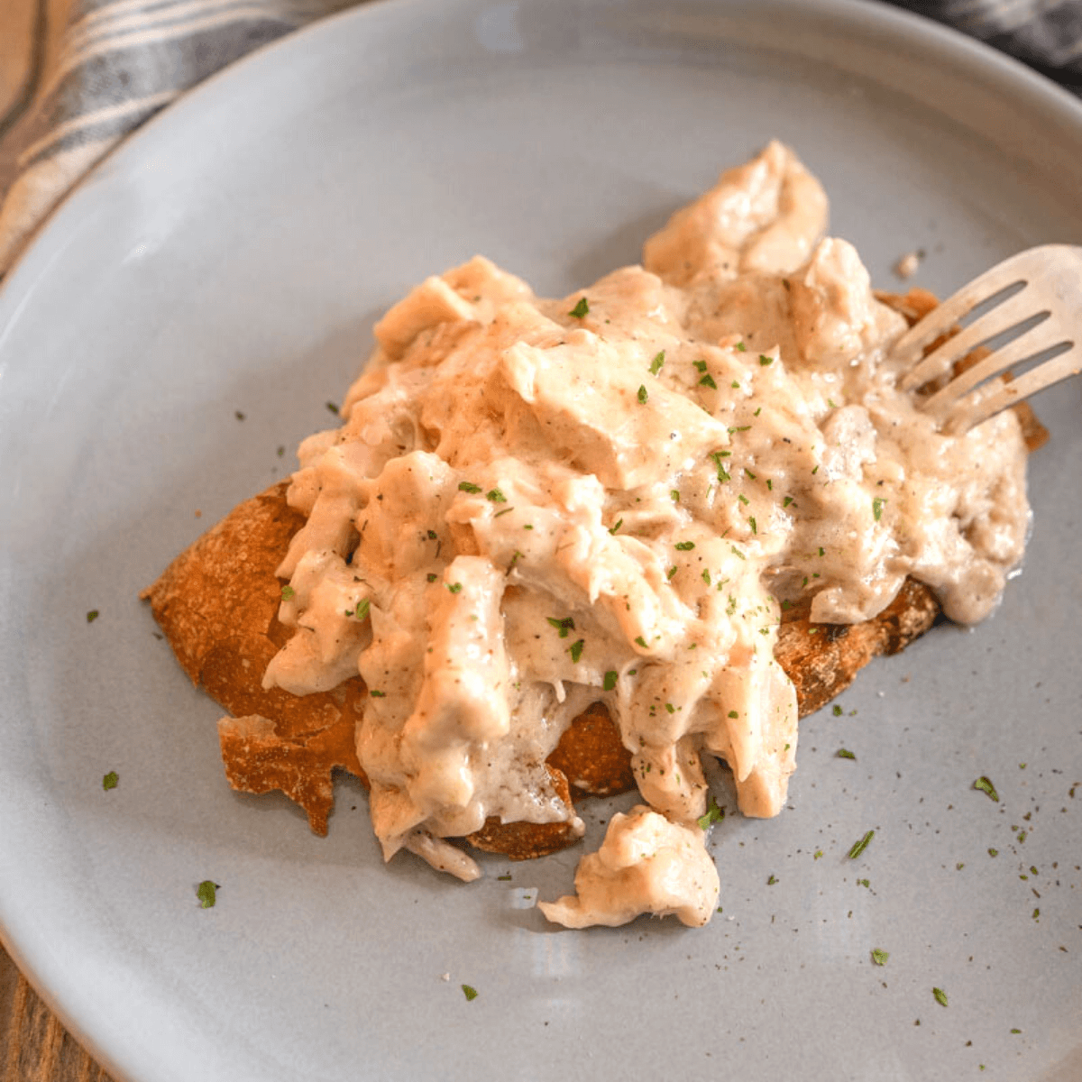 Close up angle view of toasted bread topped with a hot turkey filling and garnished with parsley.