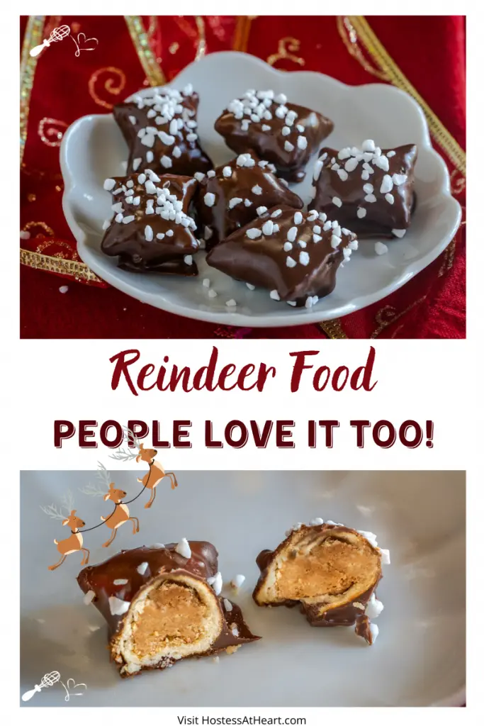 Two photo collage for Pinterest. The top photo is a top down view of a plate of chocolate covered peanut butter pretzels garnished with pearl sugar. The bottom photo is a chocolate covered peanut butter pretzel cut in half showing the peanut butter filling.