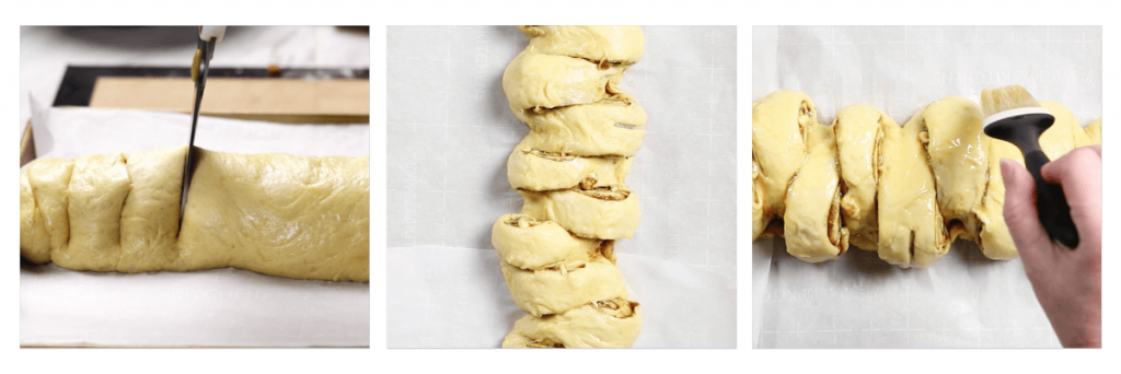 Three photos showing how to shape a pull apart cinnamon roll including cutting the rolls apart, offsetting them, and brushing them with melted butter.