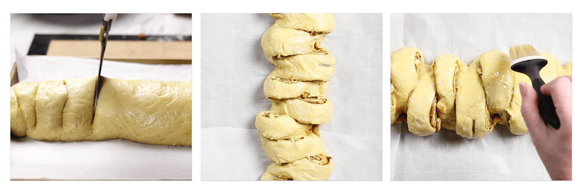 Three photos showing how to shape a pull apart cinnamon roll including cutting the rolls apart, offsetting them, and brushing them with melted butter.