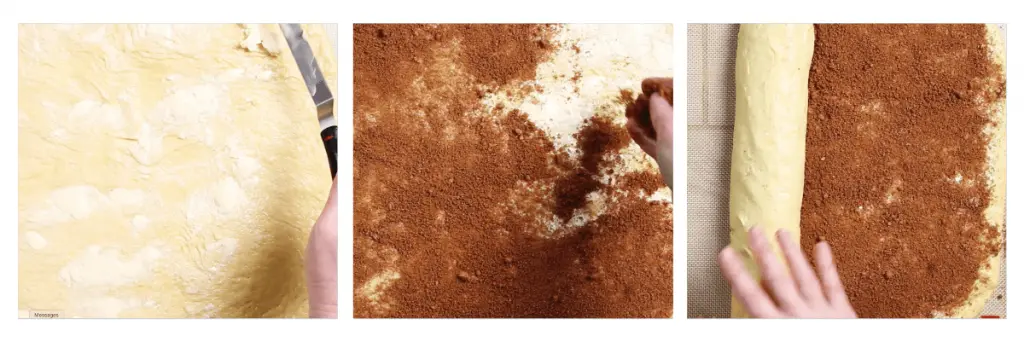 Three photos showing the filling applied to dough including soft butter, sprinkling it with filling and rolling it.