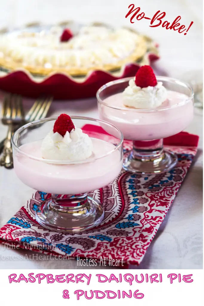 Two dessert cups of raspberry pudding with a raspberry pie in the background.