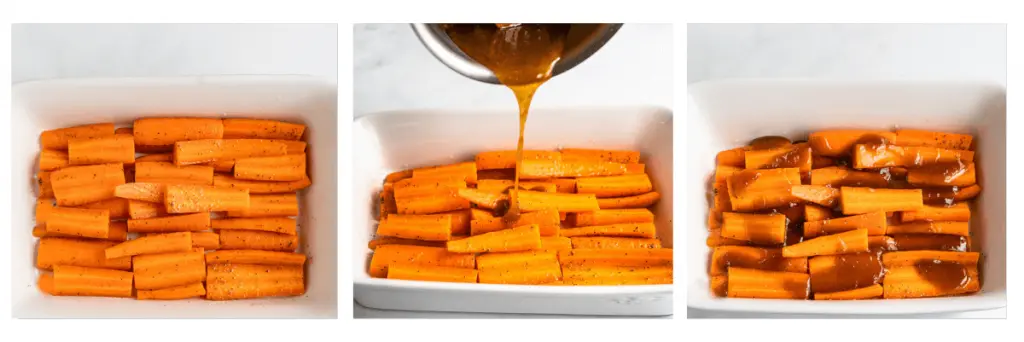 3 grid photo showing the steps to roasting and glazing carrots