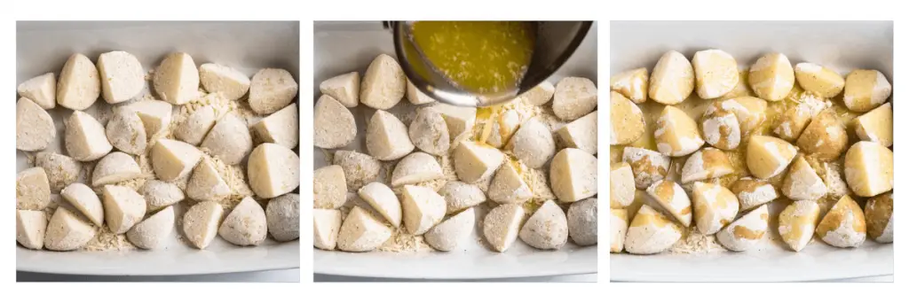 Three photo collage showing the stages of making parmesan potatoes including cutting the potatoes and adding dry ingredients, drizzling with butter and finished dish.