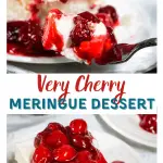 Two photo collage for Pinterest. The top photo shows a slice of cherry meringue dessert behind a fork filled with the dessert.