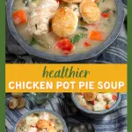 Two photo collage for Pinterest. Top photo is a top down view of a gray bowl filled with chicken and vegetables topped with puff pastry crackers. The bottom photo is of two bowls of the soup with the crackers spread around the bowls. Two spoons lie between the bowls.