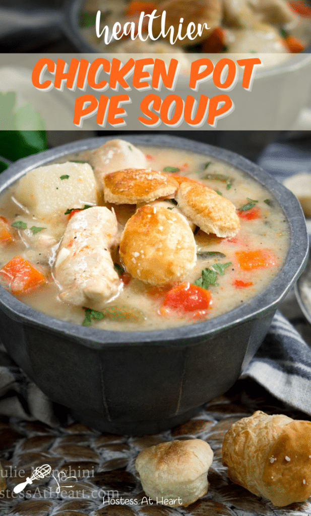 3/4 view of a gray bowl holding chicken and vegetable soup topped with puff pastry crackers.