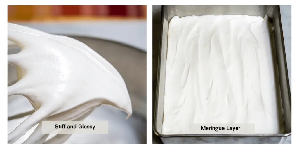 Two photo grid showing the texture of meringue next to a photo of a 9x13 pan layered with the meringue layer.