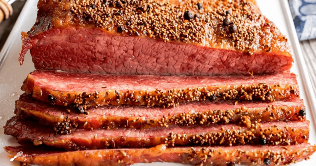 Close up of slices of a baked corned beef brisket.