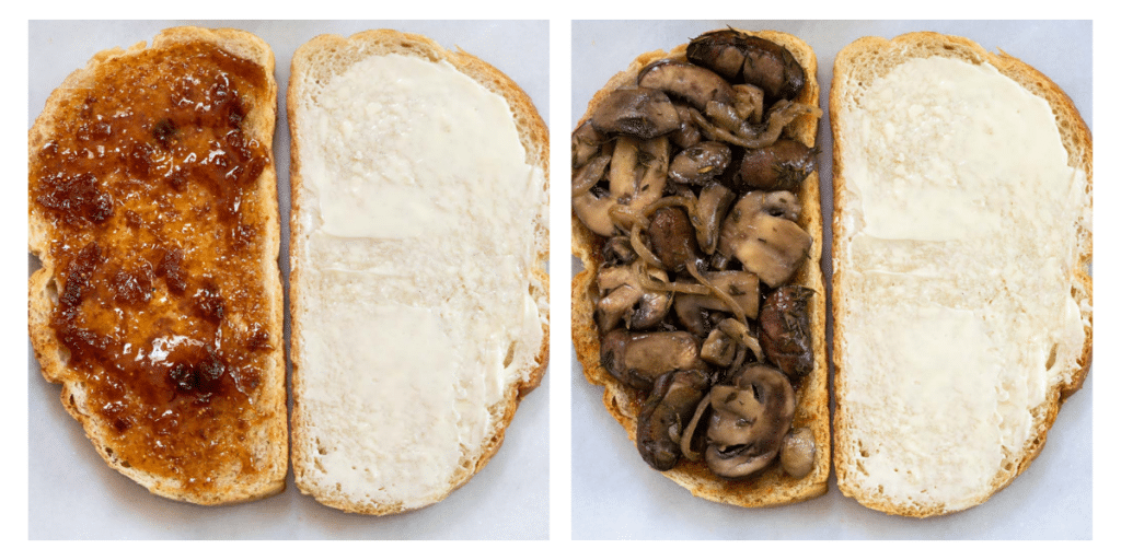 Two grid photo of fig jam spread on open-faced buttered bread and of sauteed mushrooms on the other half