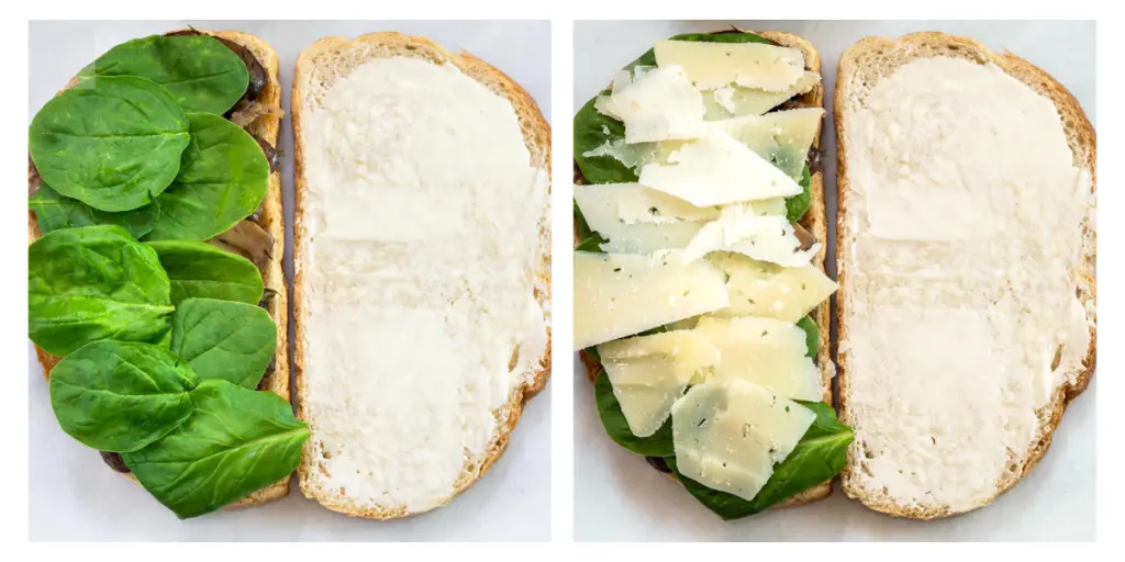 Two photo grid of an open-faced buttered bread layered with fresh spinach and then topped with cheese.