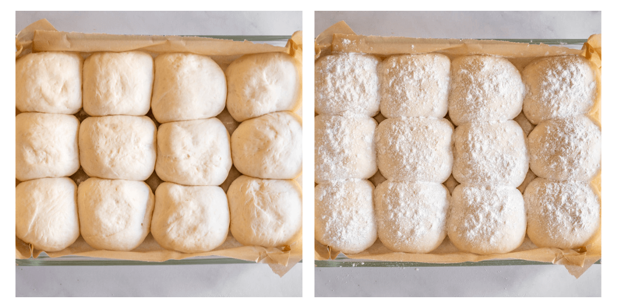 Side by side photos of risen bread rolls and bread rolls dusted with flour.