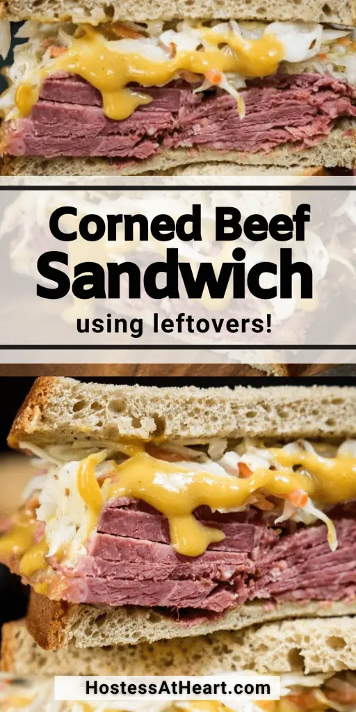 Two photo collage of a corned beef sandwich with mustard sauce and slaw