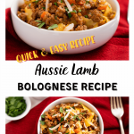 Two photo collage for Pinterest of a bowl of Lamb bolognese garnished with parsley and parmesan.