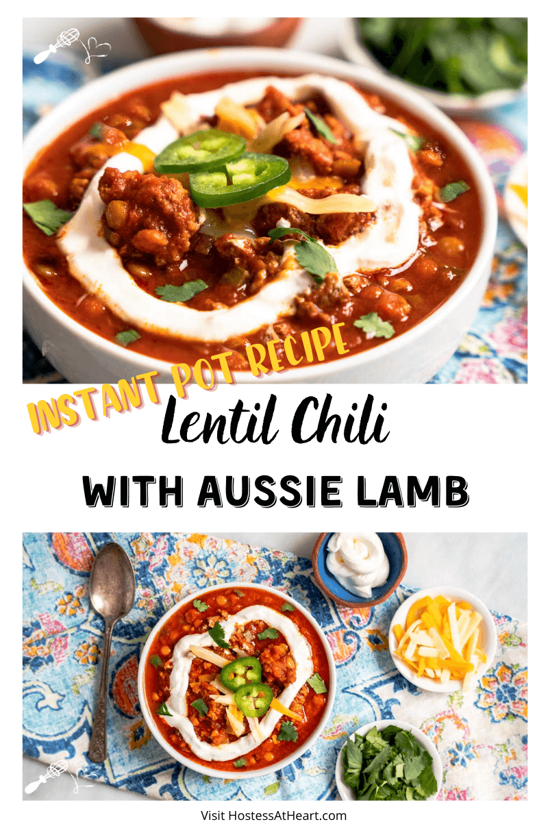 Two photo collage for Pinterest of a bowl of Lamb Lentil Chili garnished with sour cream, sliced jalapenos, cilantro and cheese..