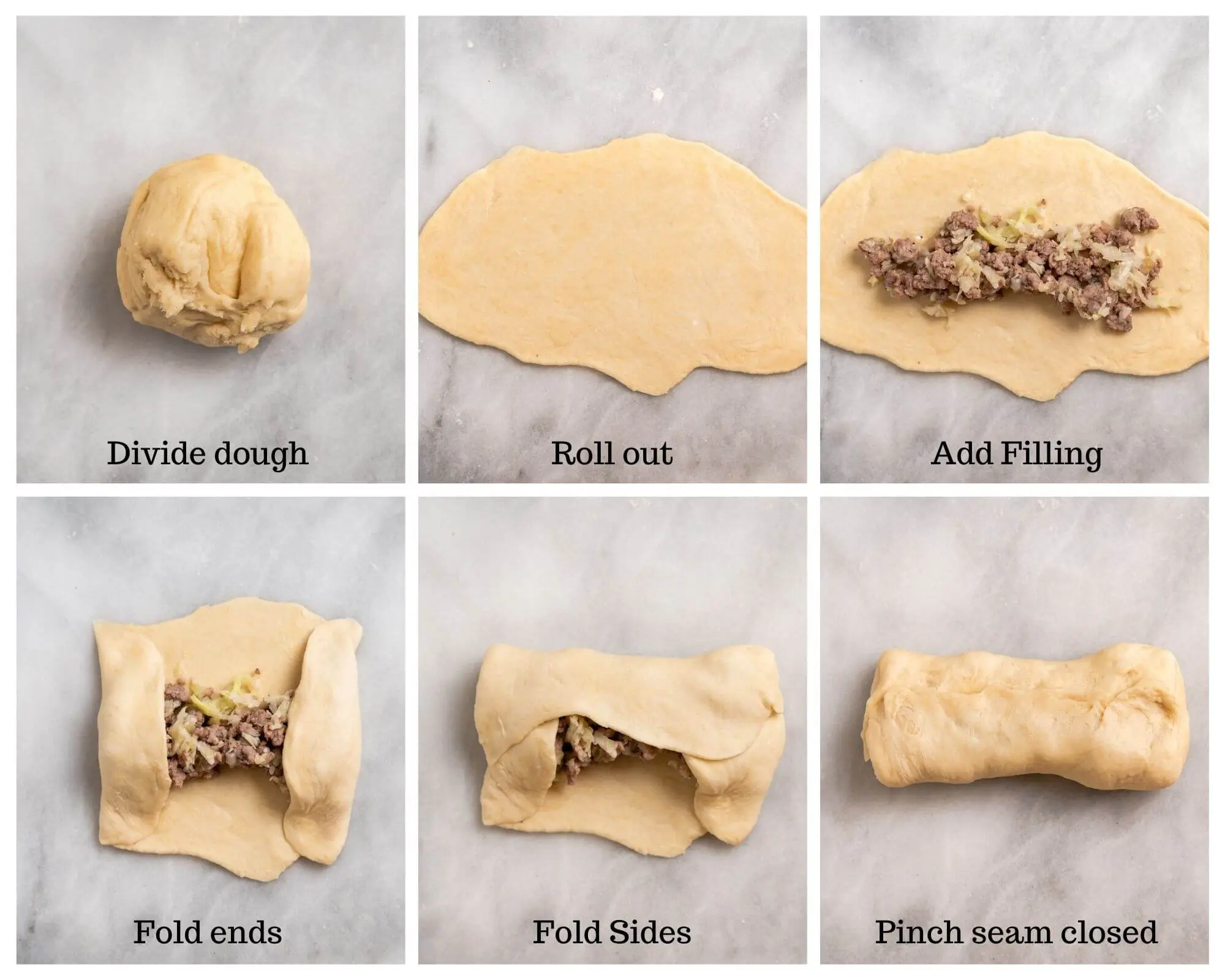 6 photos showing how to assemble meat filling in bread dough.