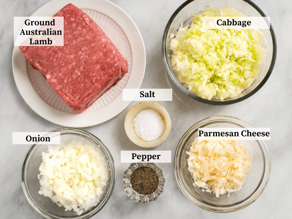 Ingredients used to make Lamb meat buns including ground lamb, onion, cabbage, salt, pepper, and parmesan cheese