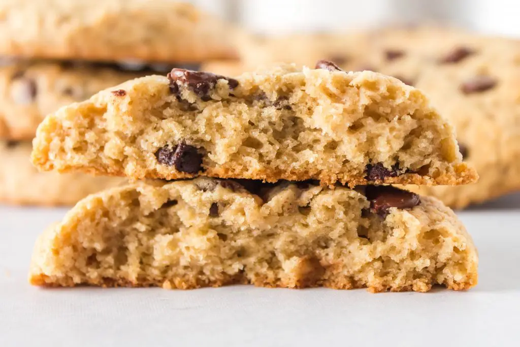 Side view of the interior of a baked chocolate chip cookie