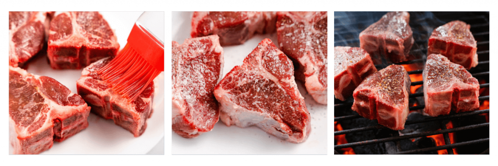 Three photo collage showing oil brushed on a lamb chop, seasoned chops with salt and pepper, and chops on a hot grill.