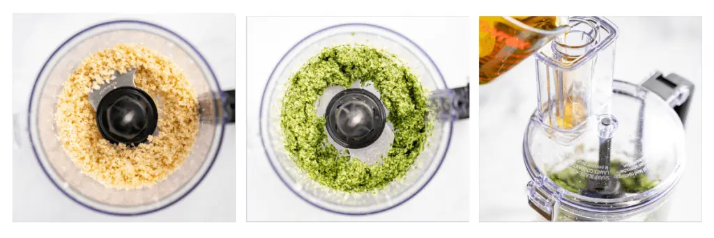 Three photo collage showing how to make cilantro pesto including ground walnuts, ground cilantro, and oil being applied to the ground ingredients