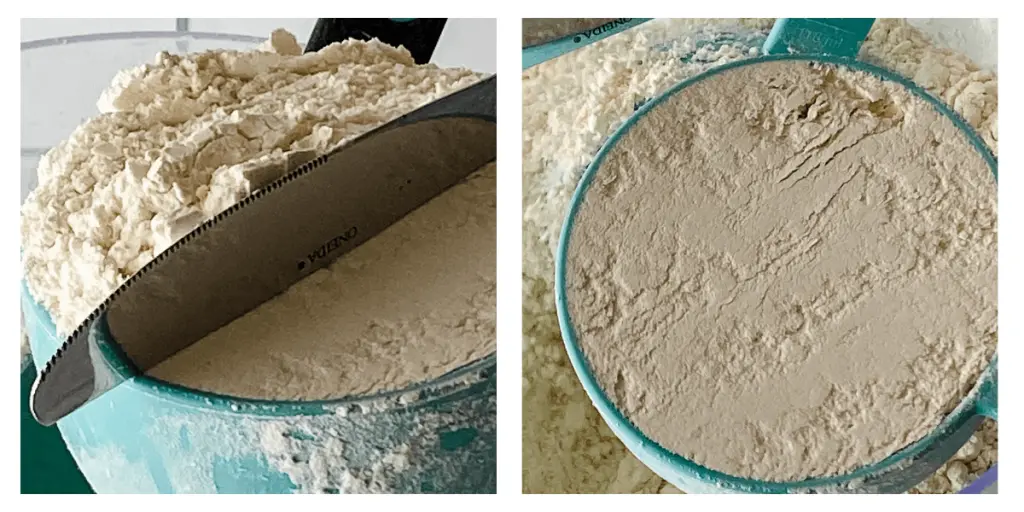 Two photo grid showing leveling flour in a measuring cup