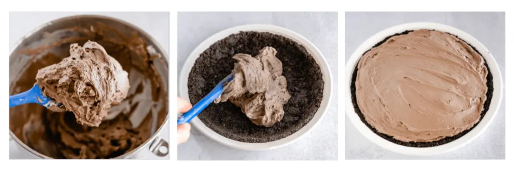 A grid of three photos showing chocolate filling in a bowl, spooned into a pie crust and smoothed into a pie