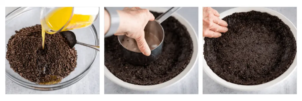 3 photo grid of making a chocolate pie crust. First photo is pouring melted butter into chocolate crumbs. Second photo is pressing the crumbs into a pie plate. third photo is smoothing sides of the crust up the sides