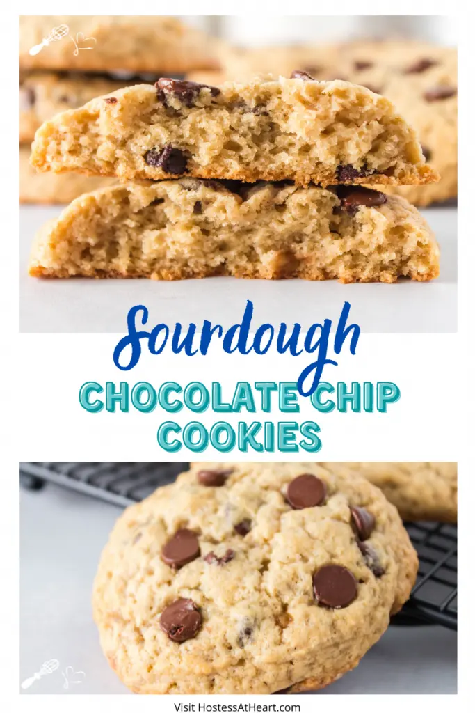 Two photo collage for Pinterest. The top photo is of a cookie broken in half showing the interior and the bottom photo is a full cookie dotted with chocolate chips leaning against a cooling rack.